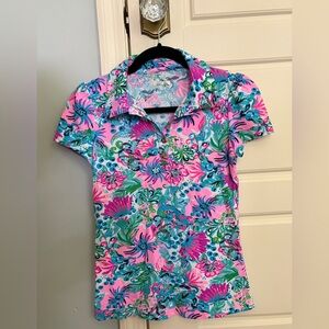 Lilly Pulitzer Luxletic Pink and Blue Floral Short Sleeve Shirt